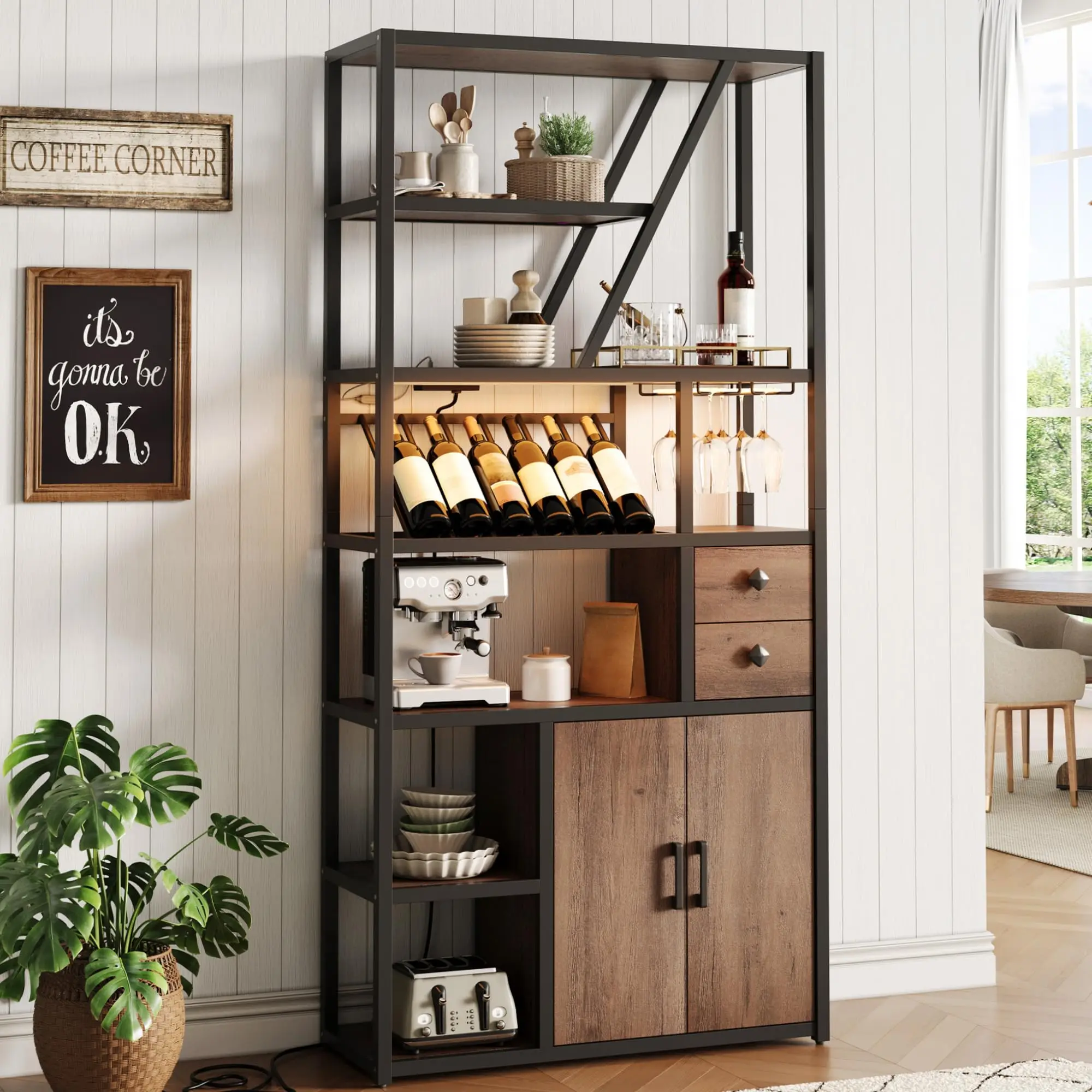 Tall 71.2 Inch Bar Cabinet With Integrated Wine Rack, LED Lighting, Glass Holder, Drawers, And Reversible Coffee Station In
Tall 71.2 Inch Bar Cabinet With Integrated Wine Rack, LED Lighting, Glass Holder, Drawers, And Reversible Coffee Station In