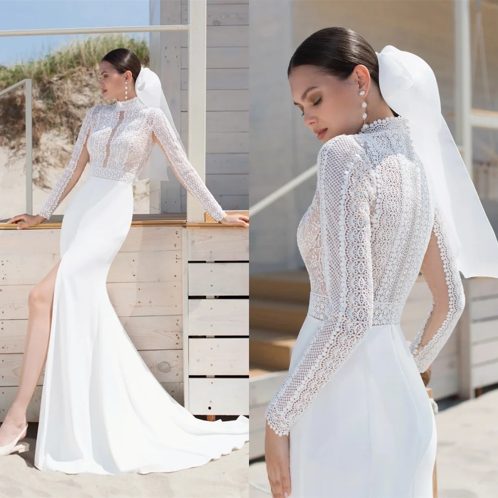 Customized Exquisite White Satin Wedding Dress High Quality High Neckline Long Sleeves Zipper Back Chapel Train Bridal Gowns
Customized Exquisite White Satin Wedding Dress High Quality High Neckline Long Sleeves Zipper Back Chapel Train Bridal Gowns
