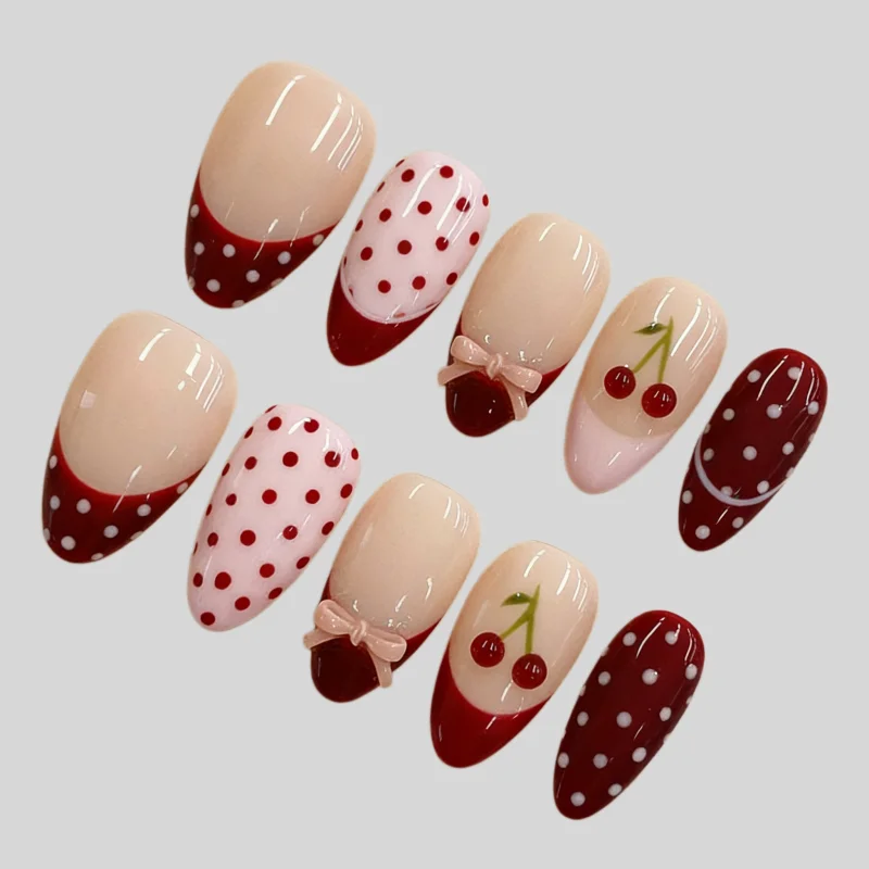 30Pcs Short Almond Press On Nails, Nude with Red French Tips & Polka Dot Bow Cherry Fake Nails for Sweet Girls
30Pcs Short Almond Press On Nails, Nude with Red French Tips & Polka Dot Bow Cherry Fake Nails for Sweet Girls