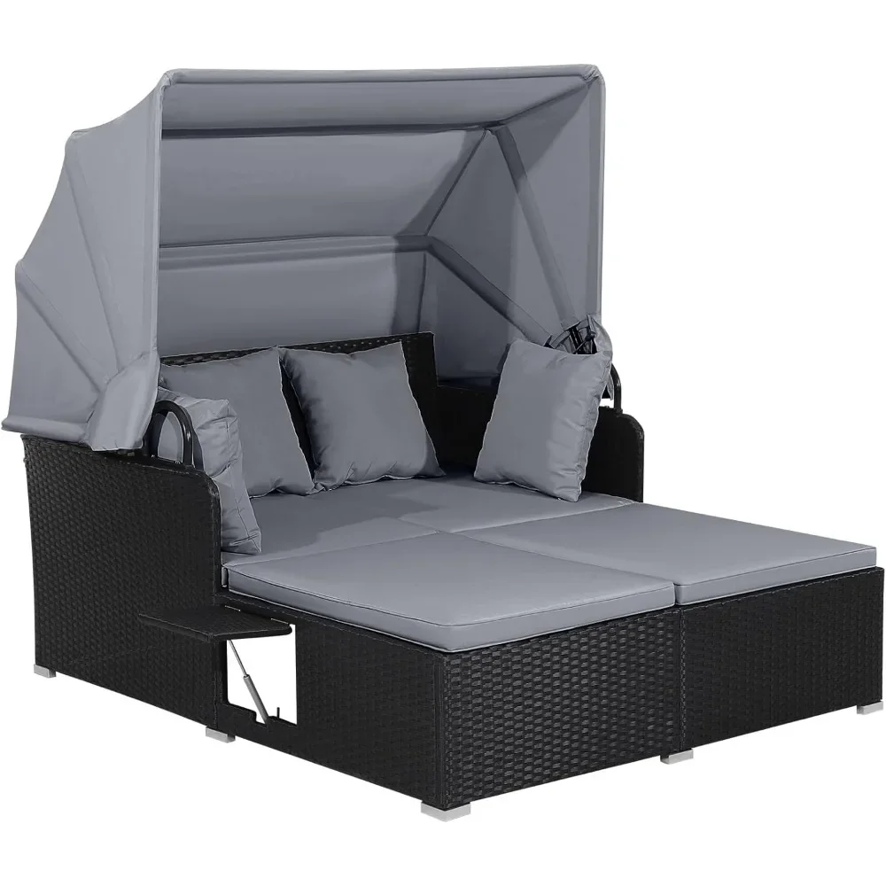 Outdoor Wicker Lounge Daybed, Hand-Woven PE RattanDaybed, Patio Loveseat Sofa Set with Retractable Canopy & 2 Side Tables
Outdoor Wicker Lounge Daybed, Hand-Woven PE RattanDaybed, Patio Loveseat Sofa Set with Retractable Canopy & 2 Side Tables