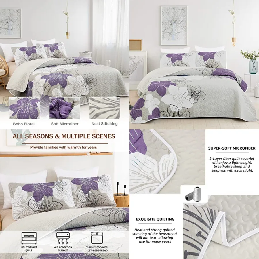 3 Pieces Quilt Set Queen Purple Floral Pattern Quilt Coverlet Set Elegant Boho Lily Bedspread with 2 Pillow Shams Breathable Mi
3 Pieces Quilt Set Queen Purple Floral Pattern Quilt Coverlet Set Elegant Boho Lily Bedspread with 2 Pillow Shams Breathable Mi
