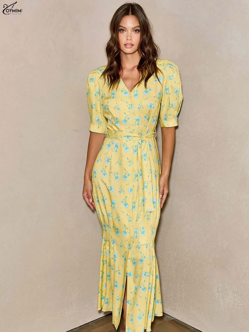 Oymimi Fashion Yellow Print Womens Dresses Elegant V-Neck Half Sleeve Lace-Up Dresses Autumn Button Pleated Ankle-Length Dress 
Oymimi Fashion Yellow Print Womens Dresses Elegant V-Neck Half Sleeve Lace-Up Dresses Autumn Button Pleated Ankle-Length Dress