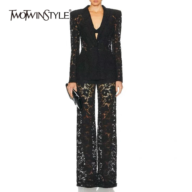 TWOTWINSTYLE Solid Sheer Spliced Lace Two Piece Sets for Women Lapel Long Sleeves Patchwork Button Top Pant Elegant Set Female
TWOTWINSTYLE Solid Sheer Spliced Lace Two Piece Sets for Women Lapel Long Sleeves Patchwork Button Top Pant Elegant Set Female