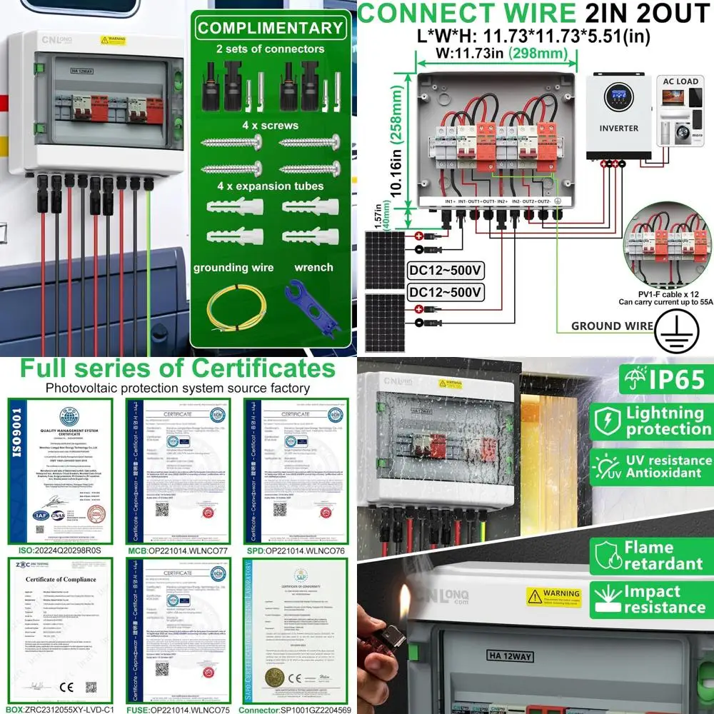Комбинированный распределительный щит для фотоэлектрических систем с двумя входами и двумя выходами, класс защиты IP65, 500В DC, автоматический выключатель 32А, защита от перенапряжения, разъединитель 15А для наружного применения
Комбинированный распределительный щит для фотоэлектрических систем с двумя входами и двумя выходами, класс защиты IP65, 500В DC, автоматический выключатель 32А, защита от перенапряжения, разъединитель 15А для наружного применения
