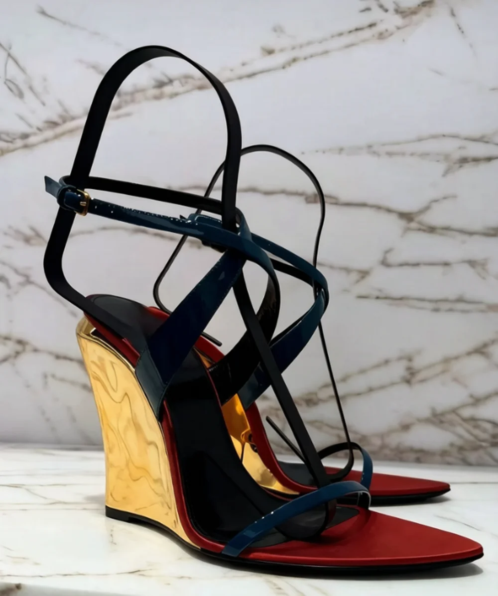 New Multi-Color Patent Leather Pointed-Toe Sandals Gold Metal Wedge Crisscross Ankle Straps for High-Fashion Runway Looks
New Multi-Color Patent Leather Pointed-Toe Sandals Gold Metal Wedge Crisscross Ankle Straps for High-Fashion Runway Looks