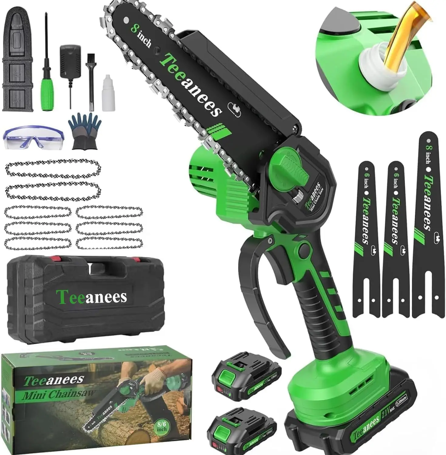 Cordless Mini Chainsaw 8" & 6" Dual Guide Bars, 2 Batteries & 8 Chains, 1000W for Wood Cutting & Tree Trimming
Cordless Mini Chainsaw 8" & 6" Dual Guide Bars, 2 Batteries & 8 Chains, 1000W for Wood Cutting & Tree Trimming