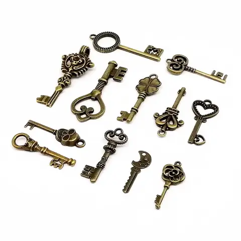 12pcs/set Mix Kit Old Looking Retro Antique Brass Bronze Decorative Vintage Key for Steampunk Charms Pendant Jewelry Making B