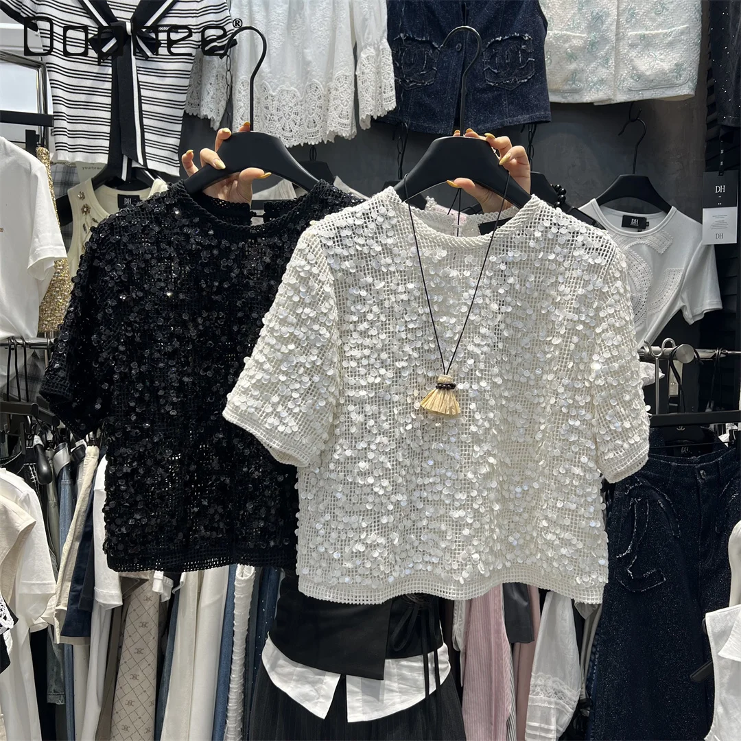 Summer High-end Heavy Industry Sequined Crew Neck Top Commuter Style Fashion Solid Color Versatile Hollow Short-sleeved T-shirt
Summer High-end Heavy Industry Sequined Crew Neck Top Commuter Style Fashion Solid Color Versatile Hollow Short-sleeved T-shirt