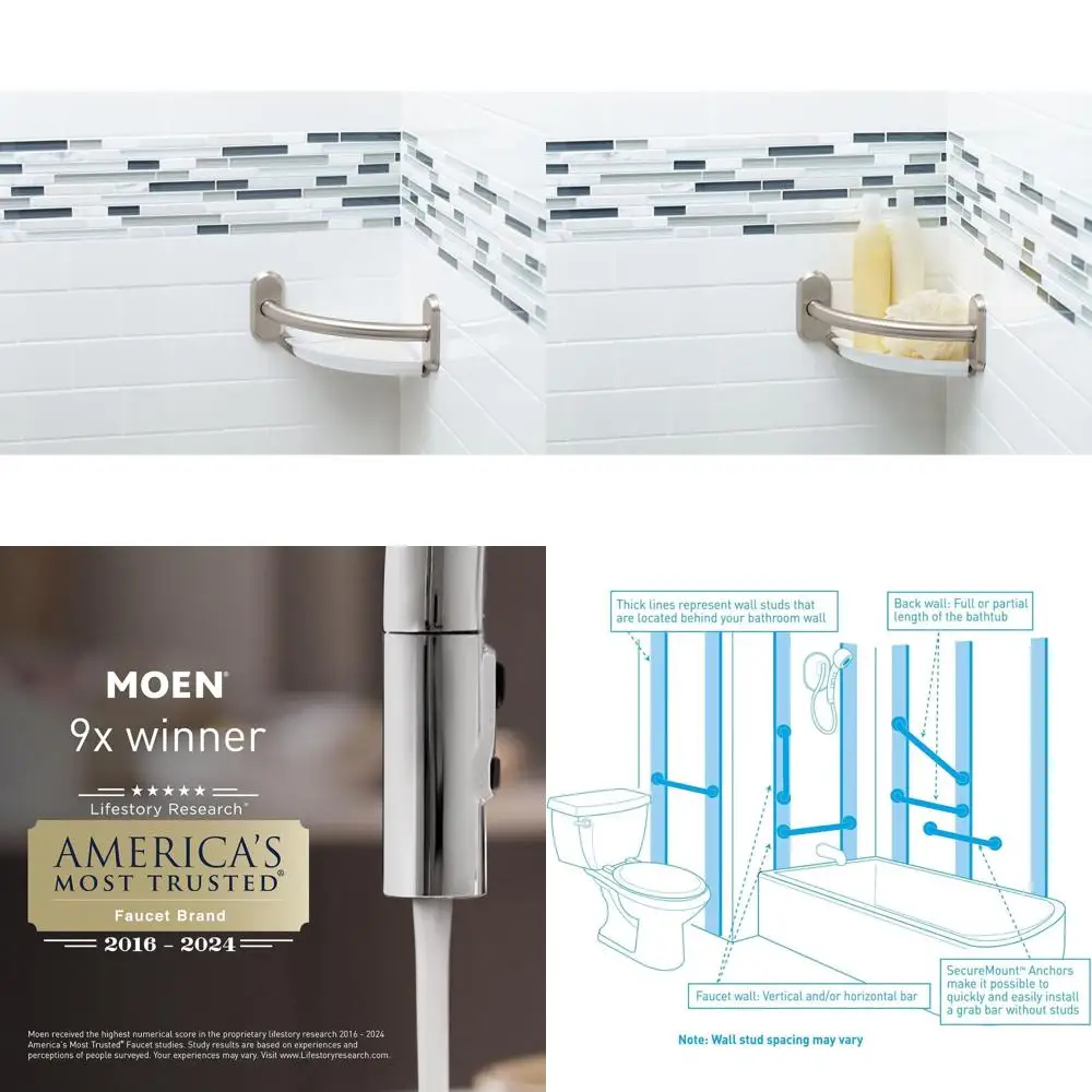 9-Inch Curved Bathroom Safety Grab Bar with Integrated Shelf, Brushed Nickel
9-Inch Curved Bathroom Safety Grab Bar with Integrated Shelf, Brushed Nickel