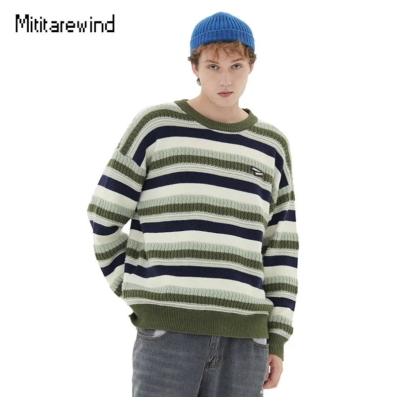 Hip Hop Streetwear Couple Sweater Casual Striped Round Neck Knitted Sweater Men Spring Autumn Vintage Sweater Women Green Gray
Hip Hop Streetwear Couple Sweater Casual Striped Round Neck Knitted Sweater Men Spring Autumn Vintage Sweater Women Green Gray