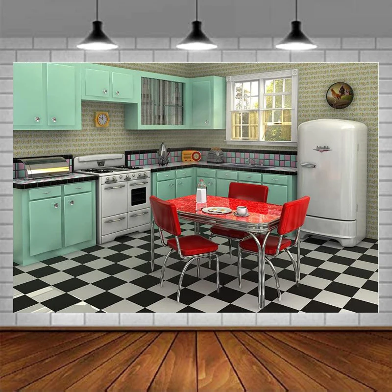 50s Retro Kitchen Photography Backdrop For Home Kitchen Interior Decoration Kids Adult Portrait Newborn Birthday Party Banner
50s Retro Kitchen Photography Backdrop For Home Kitchen Interior Decoration Kids Adult Portrait Newborn Birthday Party Banner