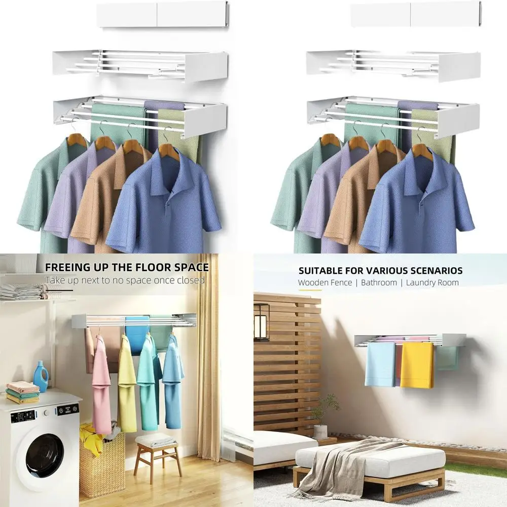 Collapsible Wall-Mounted Laundry Drying Rack, 31.5W x 13.2'L, 5 Rods, 60 lbs, Space-Saving, White
Collapsible Wall-Mounted Laundry Drying Rack, 31.5W x 13.2'L, 5 Rods, 60 lbs, Space-Saving, White