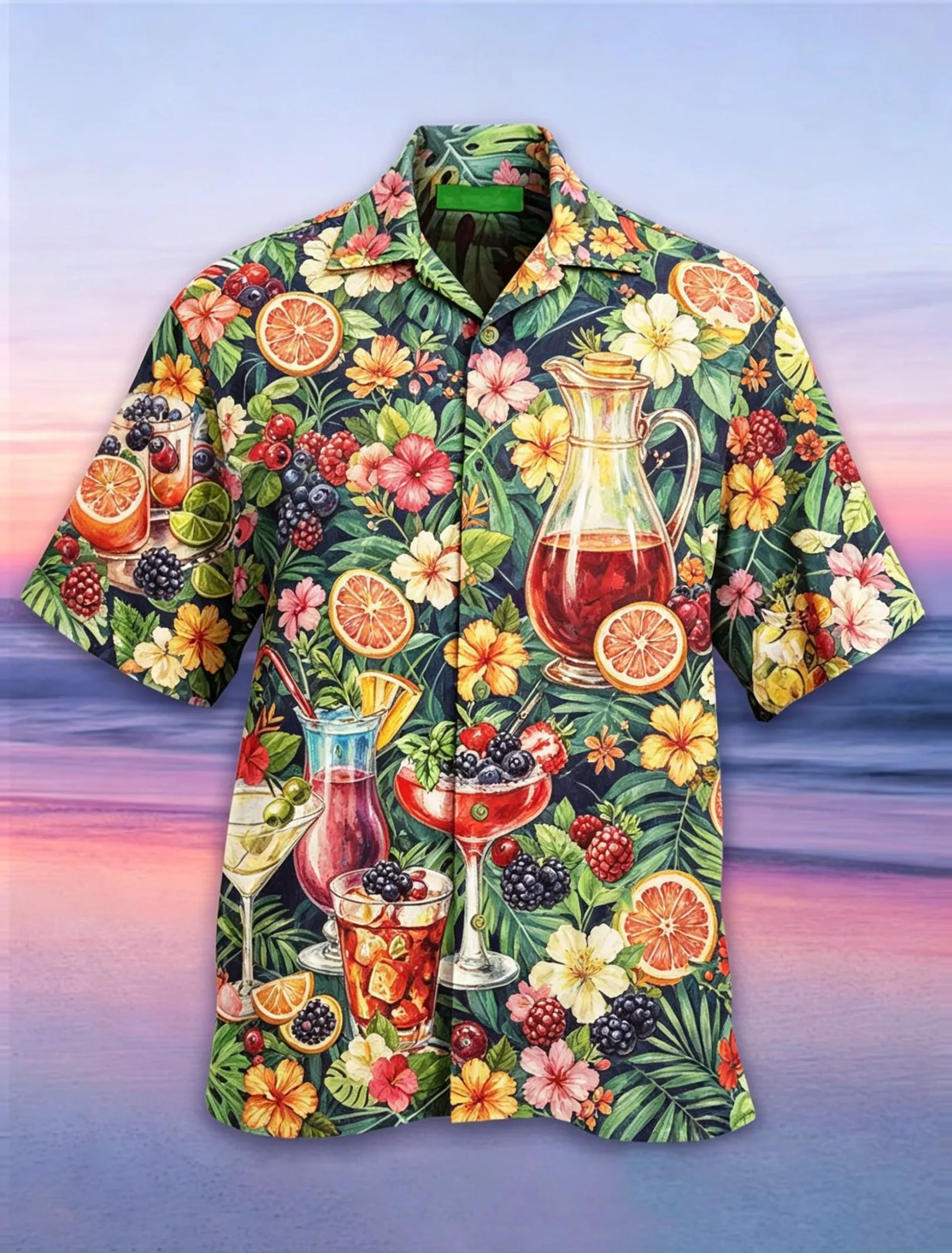 Men's Summer Lapel Short Sleeve Shirt, Tropical Floral Fruit Cocktail Drink Print Casual Tops for Beach Vacation Daily Outfit
Men's Summer Lapel Short Sleeve Shirt, Tropical Floral Fruit Cocktail Drink Print Casual Tops for Beach Vacation Daily Outfit
