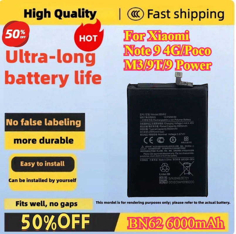 BN62 6000mAh 22.8Wh Battery For Xiaomi Note 9 4G/Poco M3/9T/9 Power Phone Replacement Batteries
BN62 6000mAh 22.8Wh Battery For Xiaomi Note 9 4G/Poco M3/9T/9 Power Phone Replacement Batteries