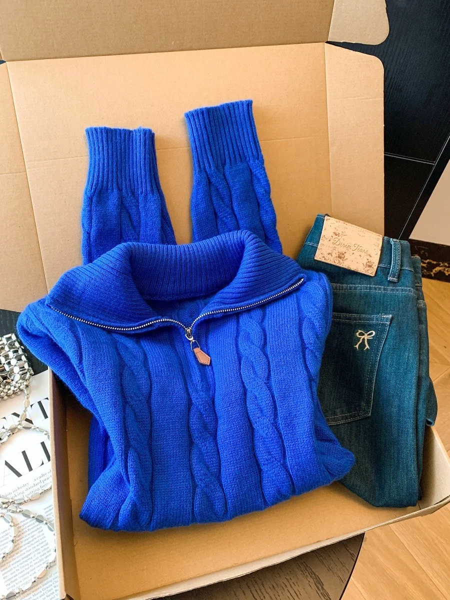 Klein Blue f Zip Knitted Sweater Women's Autumn Winter Lazy Twist High Ne Overhead Sweater Soft Korean Sle Long Sve
Klein Blue f Zip Knitted Sweater Women's Autumn Winter Lazy Twist High Ne Overhead Sweater Soft Korean Sle Long Sve