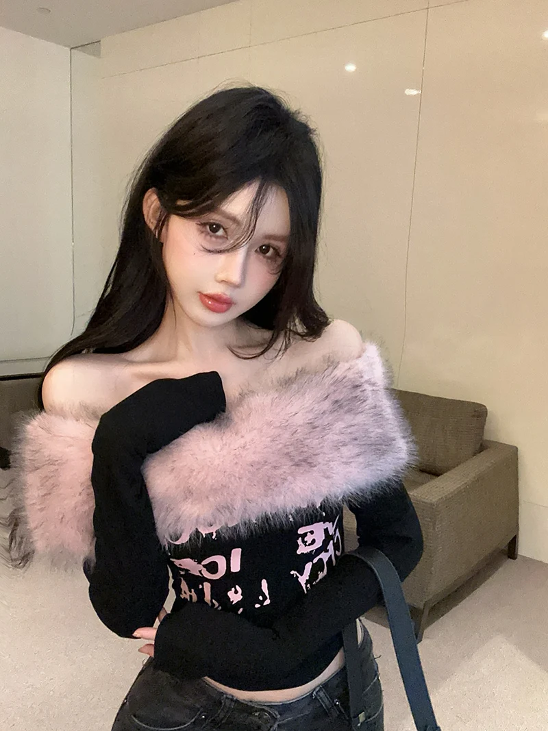 Sexy Pure Desire Faux Fur Collar One Shoulder T-Shirt Women's Winter Design Print Bare Shoulder Short Style Spicy Girl Top
Sexy Pure Desire Faux Fur Collar One Shoulder T-Shirt Women's Winter Design Print Bare Shoulder Short Style Spicy Girl Top