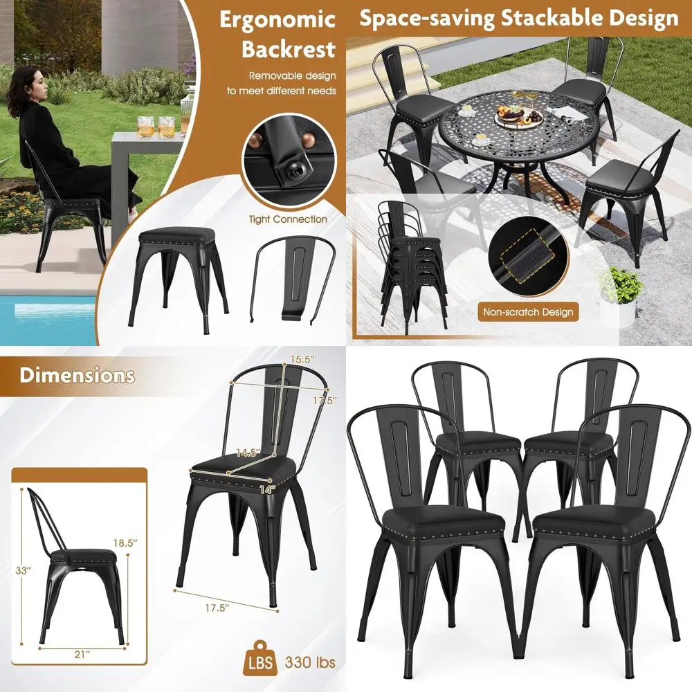 Set of 4 Stackable Industrial-Style Kitchen Chairs with Leather Cushions, Ideal for Dining Rooms, Cafes, and Restaurants (Black)
Set of 4 Stackable Industrial-Style Kitchen Chairs with Leather Cushions, Ideal for Dining Rooms, Cafes, and Restaurants (Black)