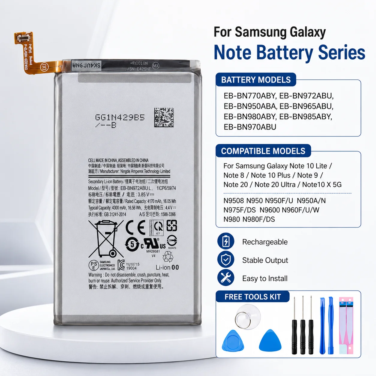High Capacity Battery for Samsung Galaxy Series Note 8 Note 9 Note 10 20 Lite 20 Ultra Compatible EB-BN770ABY EB-BN972ABU
High Capacity Battery for Samsung Galaxy Series Note 8 Note 9 Note 10 20 Lite 20 Ultra Compatible EB-BN770ABY EB-BN972ABU