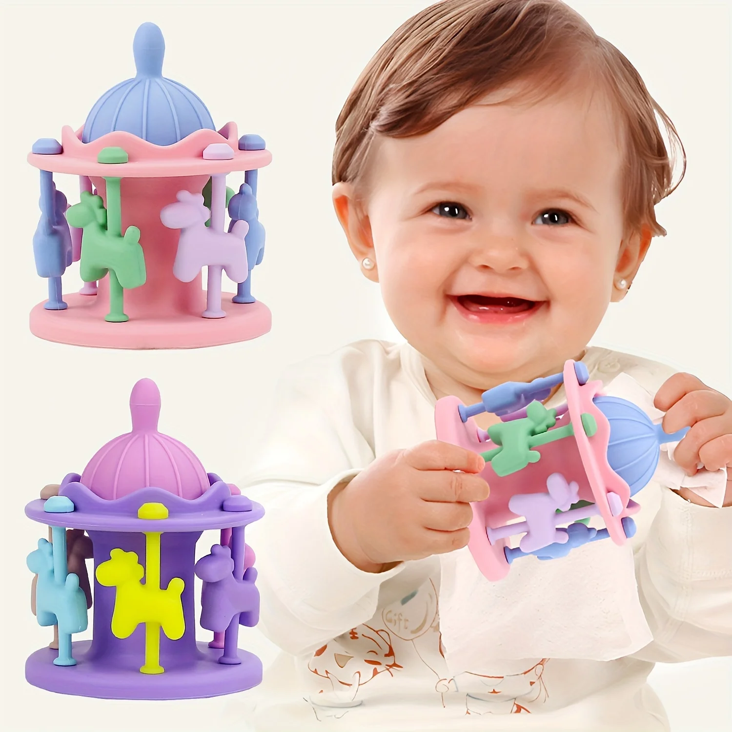 Carousel Teether for Babies, Silicone Chew Toys for Teething Pain Relief, Holiday Birthday Baby Shower Gift for Newborns Infants
Carousel Teether for Babies, Silicone Chew Toys for Teething Pain Relief, Holiday Birthday Baby Shower Gift for Newborns Infants