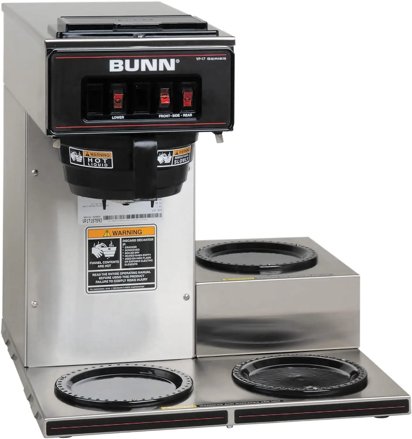 VP17-3, 12-Cup Low Profile Pourover Commercial Coffee Maker, 3 Lower Warmers,
VP17-3, 12-Cup Low Profile Pourover Commercial Coffee Maker, 3 Lower Warmers,