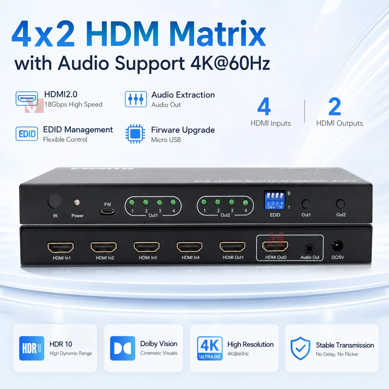 4x2 HDMI2.0 Matrix Analog Audio 2.0 Extraction 4 input 2 output Switcher 18Gbps Dolby IR HDR10
4x2 HDMI2.0 Matrix Analog Audio 2.0 Extraction 4 input 2 output Switcher 18Gbps Dolby IR HDR10