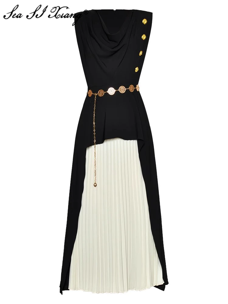 Seasixiang Fashion Designer Summer Vest Dress Women's Pile Collar Sleeveless Button Chain Sashes Office Lady Pleated Dresses
Seasixiang Fashion Designer Summer Vest Dress Women's Pile Collar Sleeveless Button Chain Sashes Office Lady Pleated Dresses