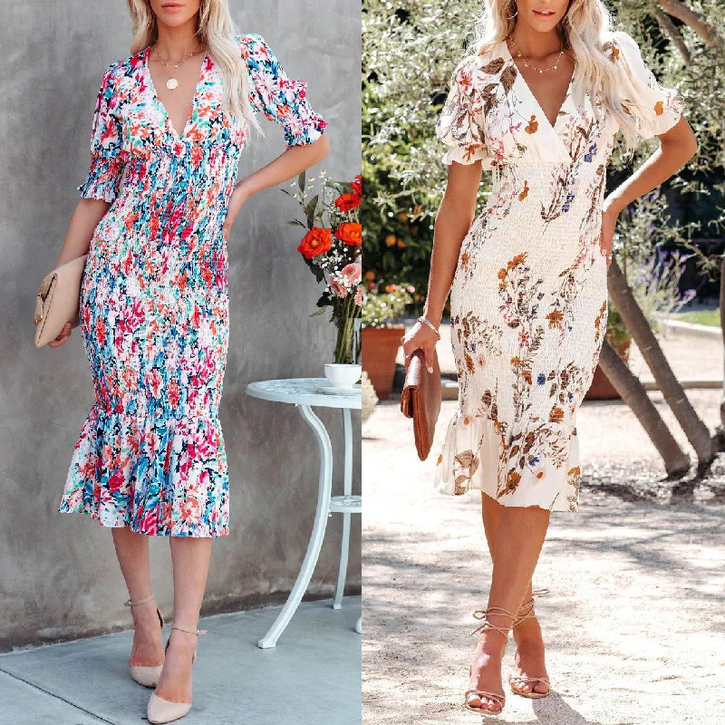 New Spring and Summer Women Dress OL Elastic Waist Long Lantern Sleeve V-neck Printed Ruffle Mermaid Skirt Dress
New Spring and Summer Women Dress OL Elastic Waist Long Lantern Sleeve V-neck Printed Ruffle Mermaid Skirt Dress