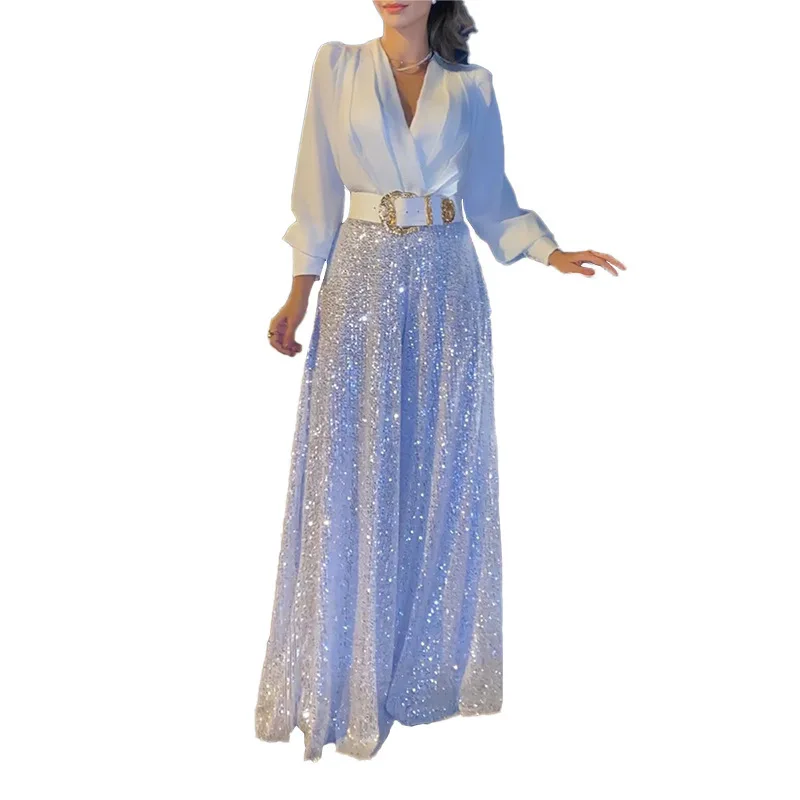 JY 2024 women's autumn new jumpsuit fashion V-neck long sleeved shirt, elegant style, slim fit, sequin wide leg pants
JY 2024 women's autumn new jumpsuit fashion V-neck long sleeved shirt, elegant style, slim fit, sequin wide leg pants
