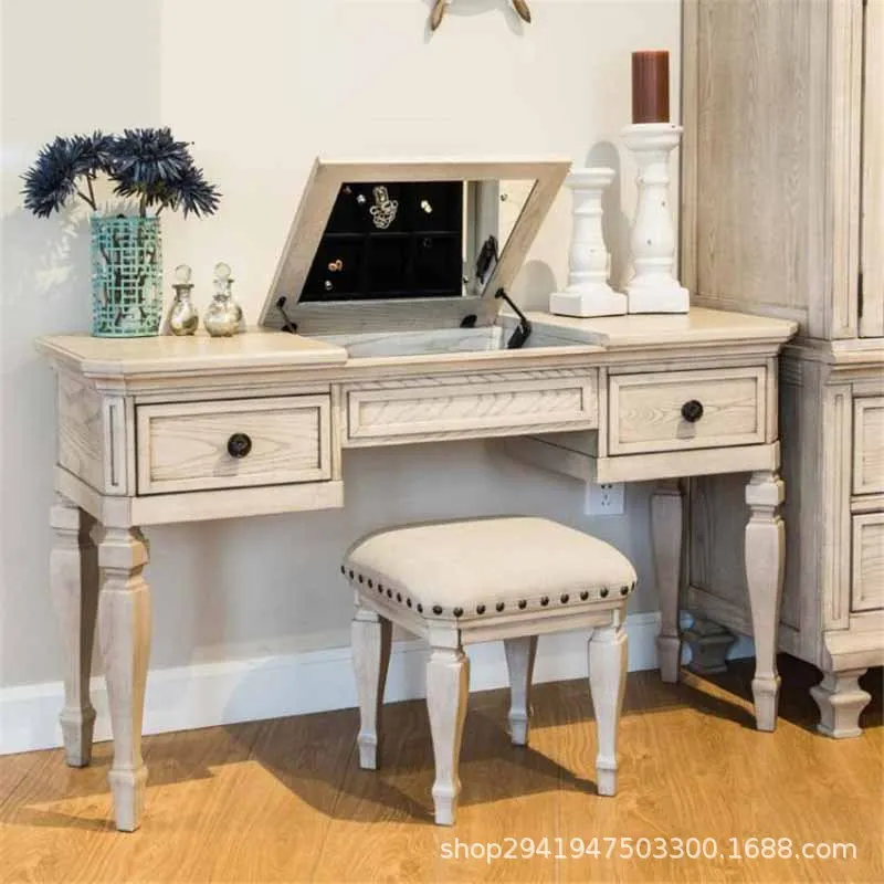 Foreign trade export solid wood dressing table dressing stool combination American retro old storage table with mirror flip
Foreign trade export solid wood dressing table dressing stool combination American retro old storage table with mirror flip