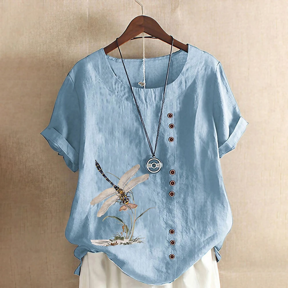 Summer Dragonfly Pattern Round Neck T-Shirt For Women Cotton Linen Loose Short Sleeve Casual Tops With Buttons Decoration 
Summer Dragonfly Pattern Round Neck T-Shirt For Women Cotton Linen Loose Short Sleeve Casual Tops With Buttons Decoration