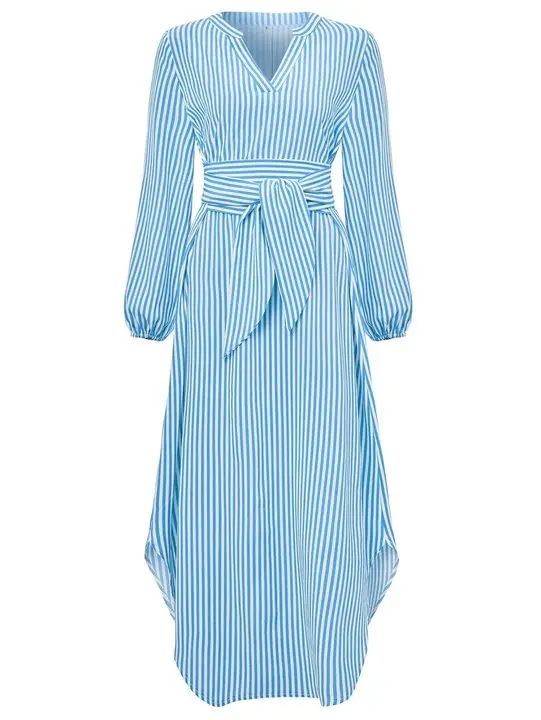 Women's dress autumn and winter V-neck tie up waist cinched shirt dress striped minimalist skirt
Women's dress autumn and winter V-neck tie up waist cinched shirt dress striped minimalist skirt