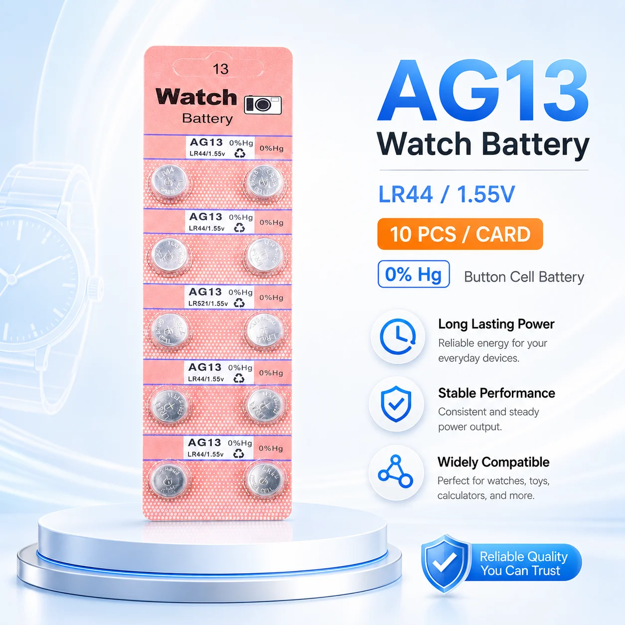 AG13 LR44 Universal Coin Cell Button Battery For Wrist Watches Toys Remote Control And Small Electronics
AG13 LR44 Universal Coin Cell Button Battery For Wrist Watches Toys Remote Control And Small Electronics