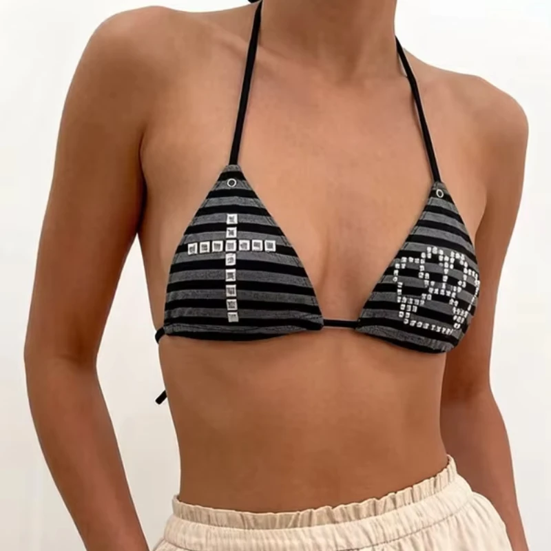 Dark Punk Black Gray Stripe Hanging Neck Short Swimsuit Tank Top Retro Metal Rivet Cross Decoration Sweet Cool Halter Women Vest
Dark Punk Black Gray Stripe Hanging Neck Short Swimsuit Tank Top Retro Metal Rivet Cross Decoration Sweet Cool Halter Women Vest