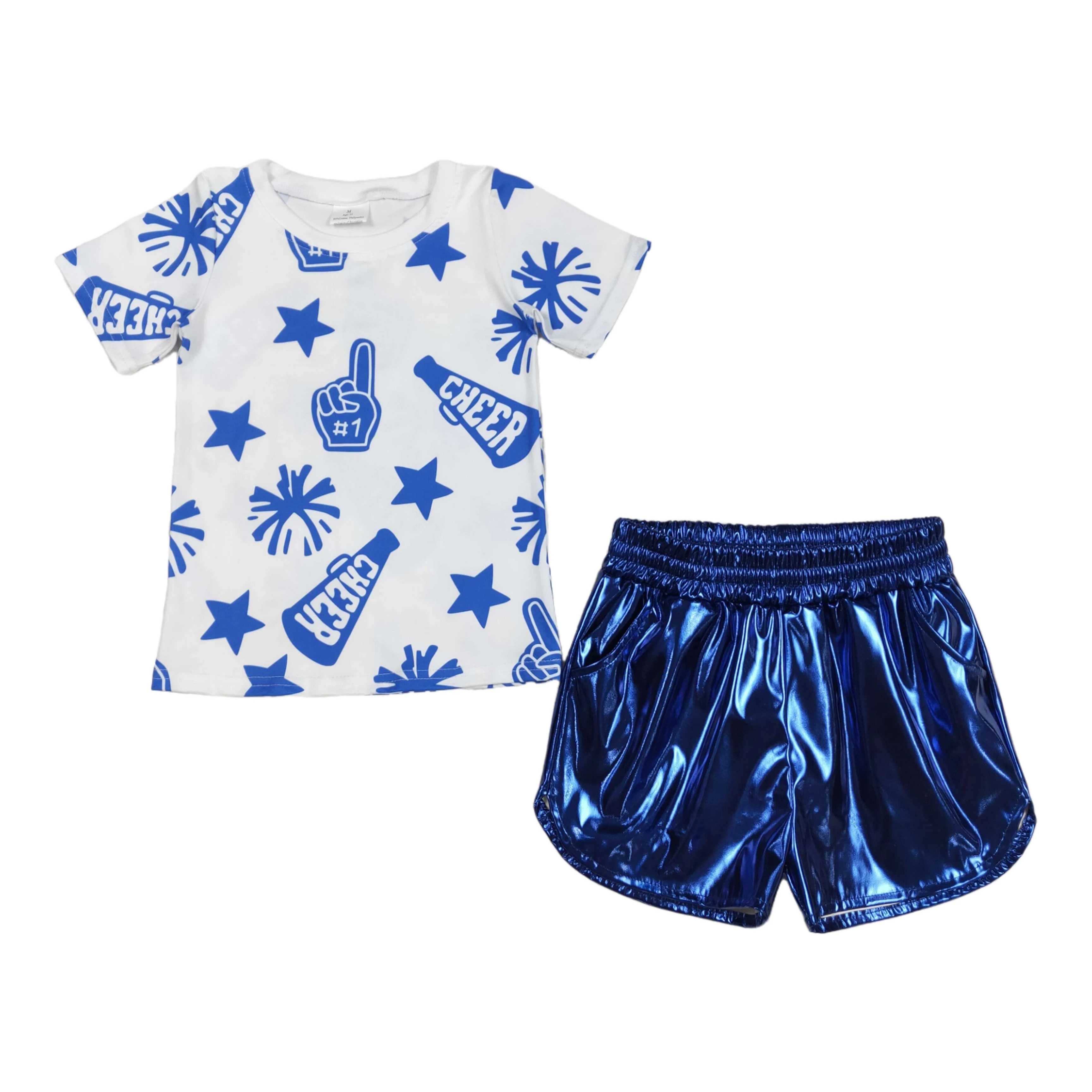 Wholesale Baby Girls Cheer Blue White Team Tee Shirts Tops Leather Shorts Clothes Sets Kids Boutique Children Summer Outfits
Wholesale Baby Girls Cheer Blue White Team Tee Shirts Tops Leather Shorts Clothes Sets Kids Boutique Children Summer Outfits