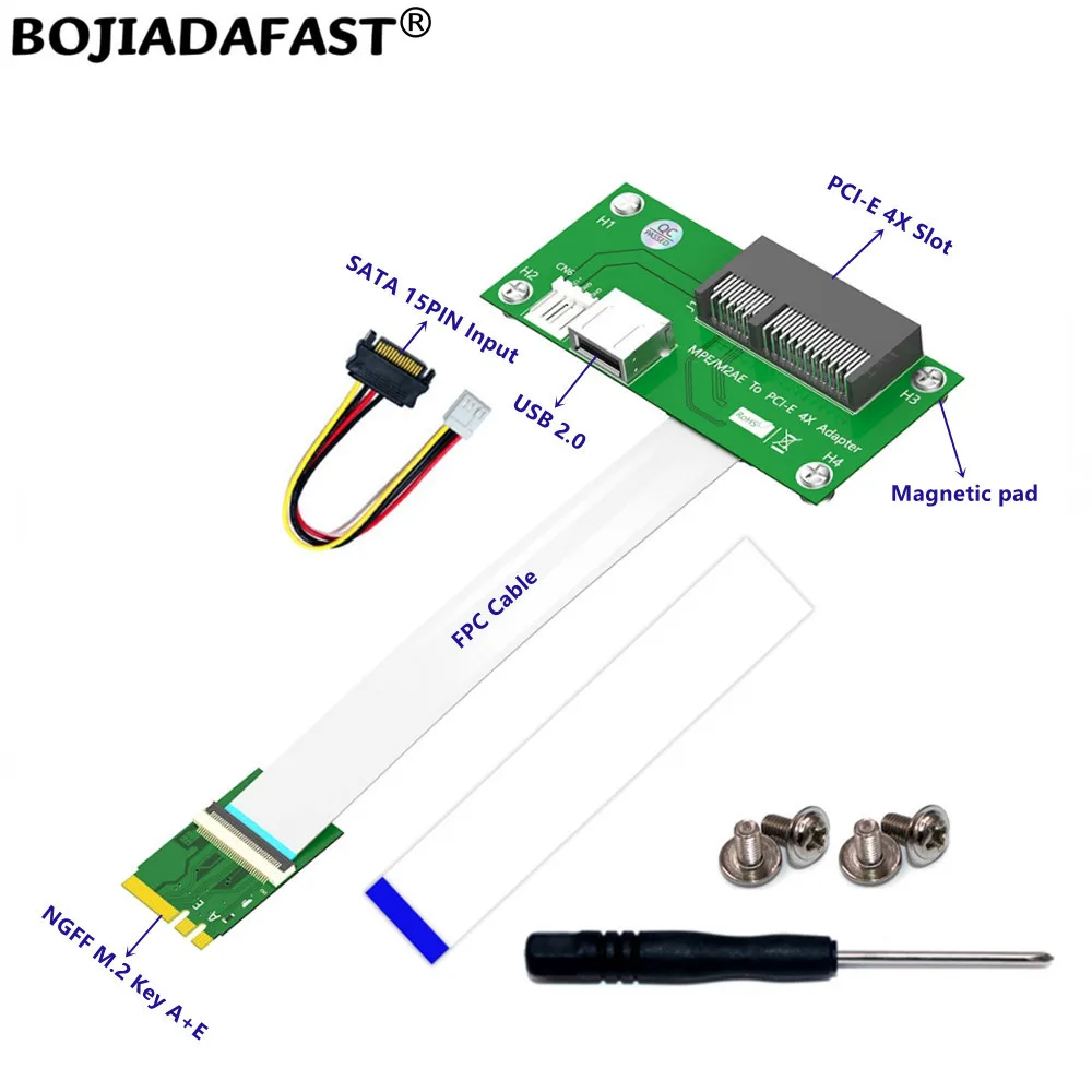 PCI-E 4X Slot & USB 2.0 Connector To NGFF M.2 Key A+E Adapter Riser Card + Magnetic Pad With High Speed FPC Cable
PCI-E 4X Slot & USB 2.0 Connector To NGFF M.2 Key A+E Adapter Riser Card + Magnetic Pad With High Speed FPC Cable