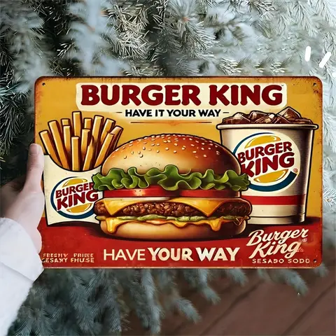Vintage Burger King Metal Wall Sign, 20.32x30.48 cm - Retro Fast Food Decor with Classic Burger & Fries Design, Durable Iron Pos