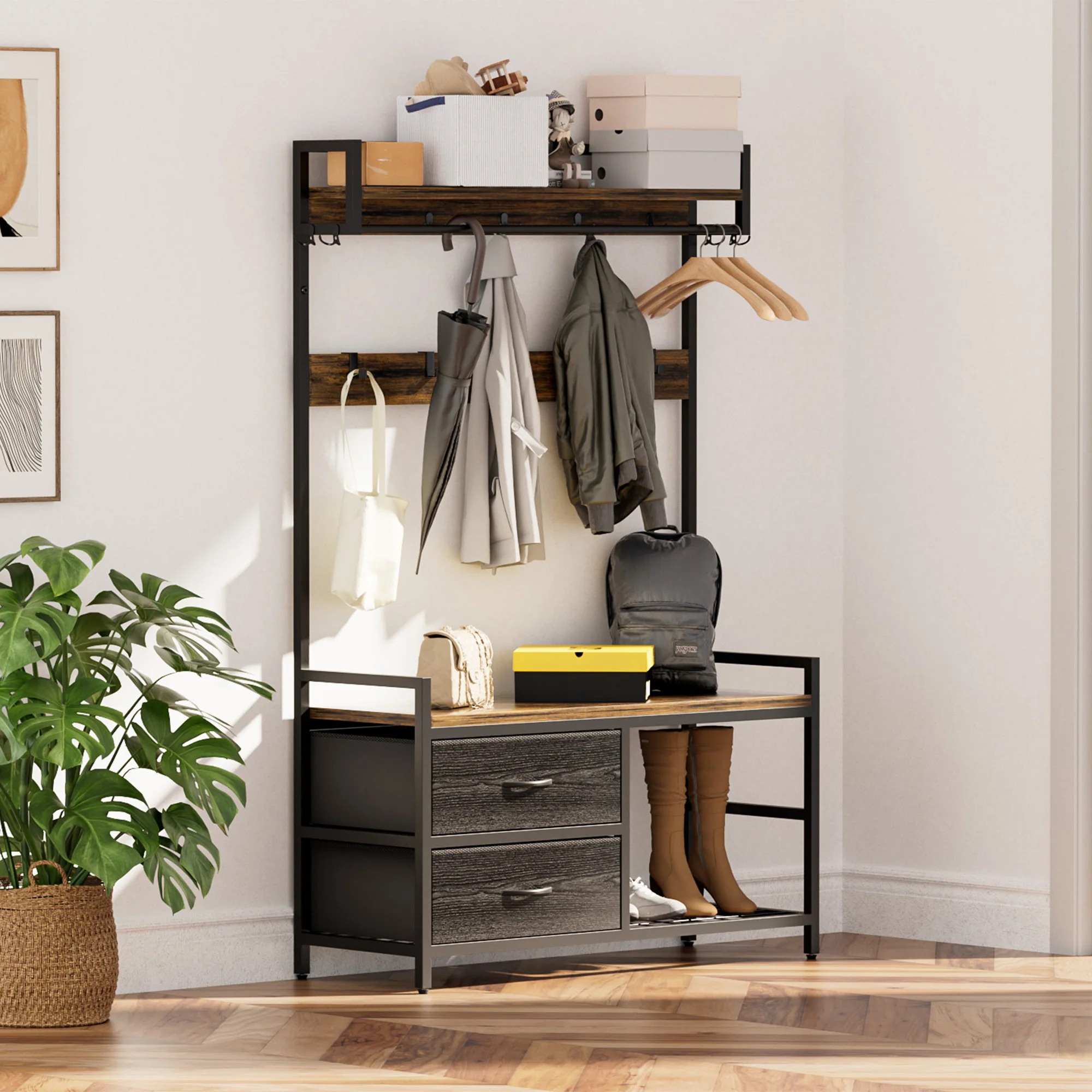 Hall Tree with Bench and Shoe Storage, Entryway Coat Rack with 2 Movable Drawers and 23 Hooks, Garment Rack for Hallway
Hall Tree with Bench and Shoe Storage, Entryway Coat Rack with 2 Movable Drawers and 23 Hooks, Garment Rack for Hallway