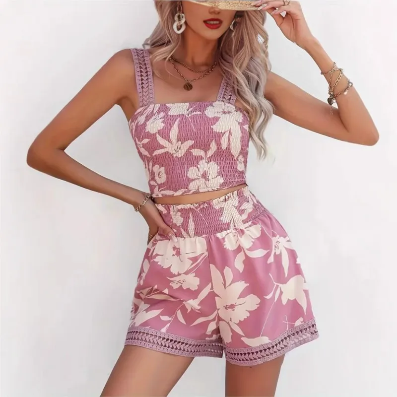 Fashion Lace Edge Sling 2 Piece Sets Women Outfits Summer Elastic Crop Tops And High Waist Shorts Set Print Beach Suits 2025 New
Fashion Lace Edge Sling 2 Piece Sets Women Outfits Summer Elastic Crop Tops And High Waist Shorts Set Print Beach Suits 2025 New