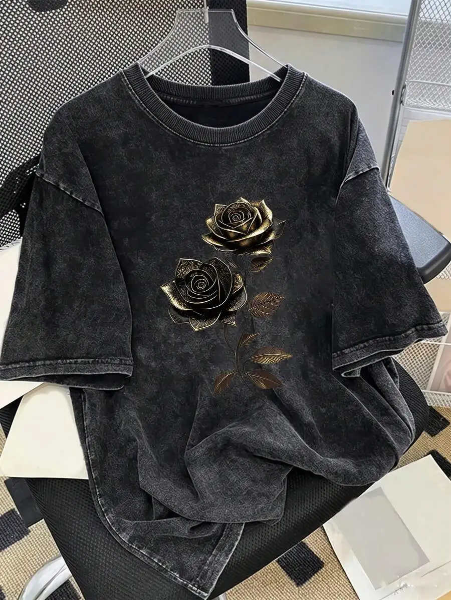 Vintage Washed Cotton T-Shirt With Rose Print Casual Short Sleeve Tee
Vintage Washed Cotton T-Shirt With Rose Print Casual Short Sleeve Tee