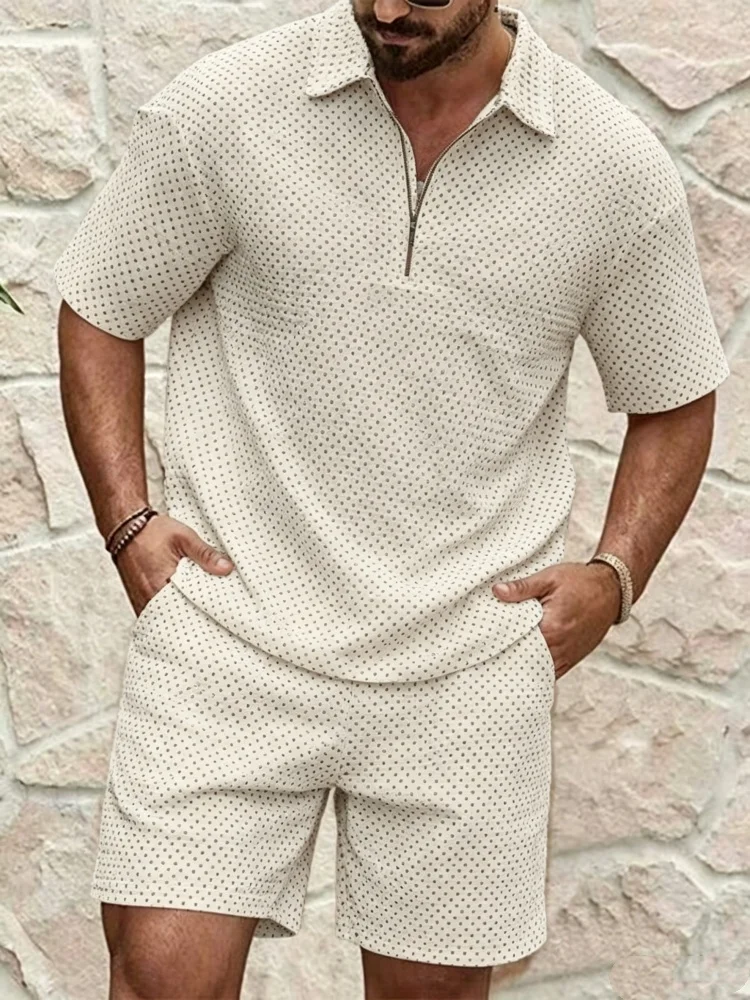 Men's Half-Zip Short Sleeve Shirt & Shorts Set, Loose Comfort Polka Dot Print Casual Summer Outfit
Men's Half-Zip Short Sleeve Shirt & Shorts Set, Loose Comfort Polka Dot Print Casual Summer Outfit
