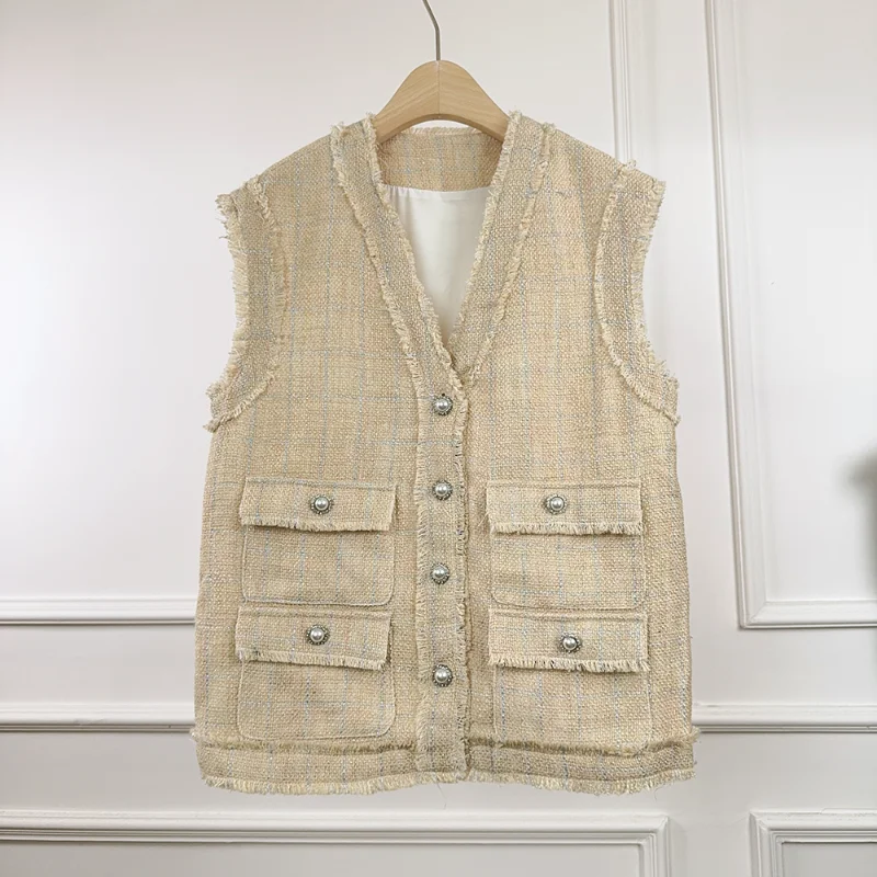 French Lace V-neck Classic Ruffle Small Fragrance Jacket Women Pink Plaid Loose Versatile Casual Tweed Lady Vest Jacket
French Lace V-neck Classic Ruffle Small Fragrance Jacket Women Pink Plaid Loose Versatile Casual Tweed Lady Vest Jacket