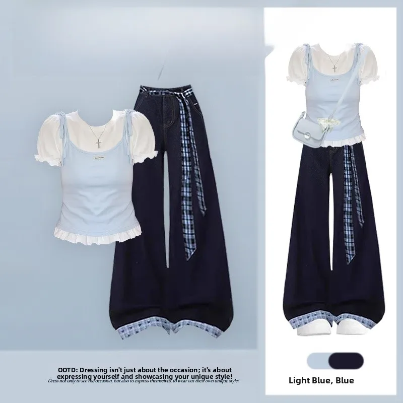 Summer New Style Bubble Sleeve Slim Fit T-Shirt Waist Cinched Shoulder Straight Leg Jeans Two Piece Set Women's Fashion Ensemble
Summer New Style Bubble Sleeve Slim Fit T-Shirt Waist Cinched Shoulder Straight Leg Jeans Two Piece Set Women's Fashion Ensemble