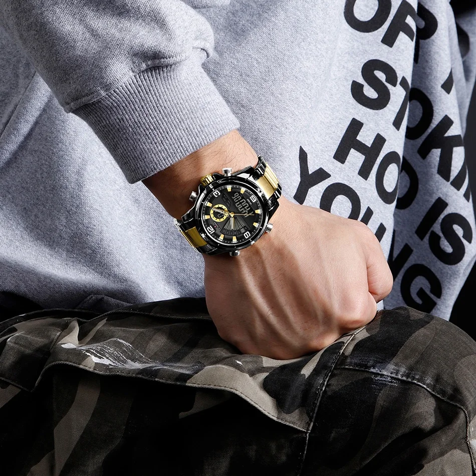 NAVIFORCE мужские многофункциональные часы с двойным дисплеем, часы из нержавеющей стали, светодиодный режим, водонепроницаемые часы 3ATM, подарки с датой 
NAVIFORCE мужские многофункциональные часы с двойным дисплеем, часы из нержавеющей стали, светодиодный режим, водонепроницаемые часы 3ATM, подарки с датой