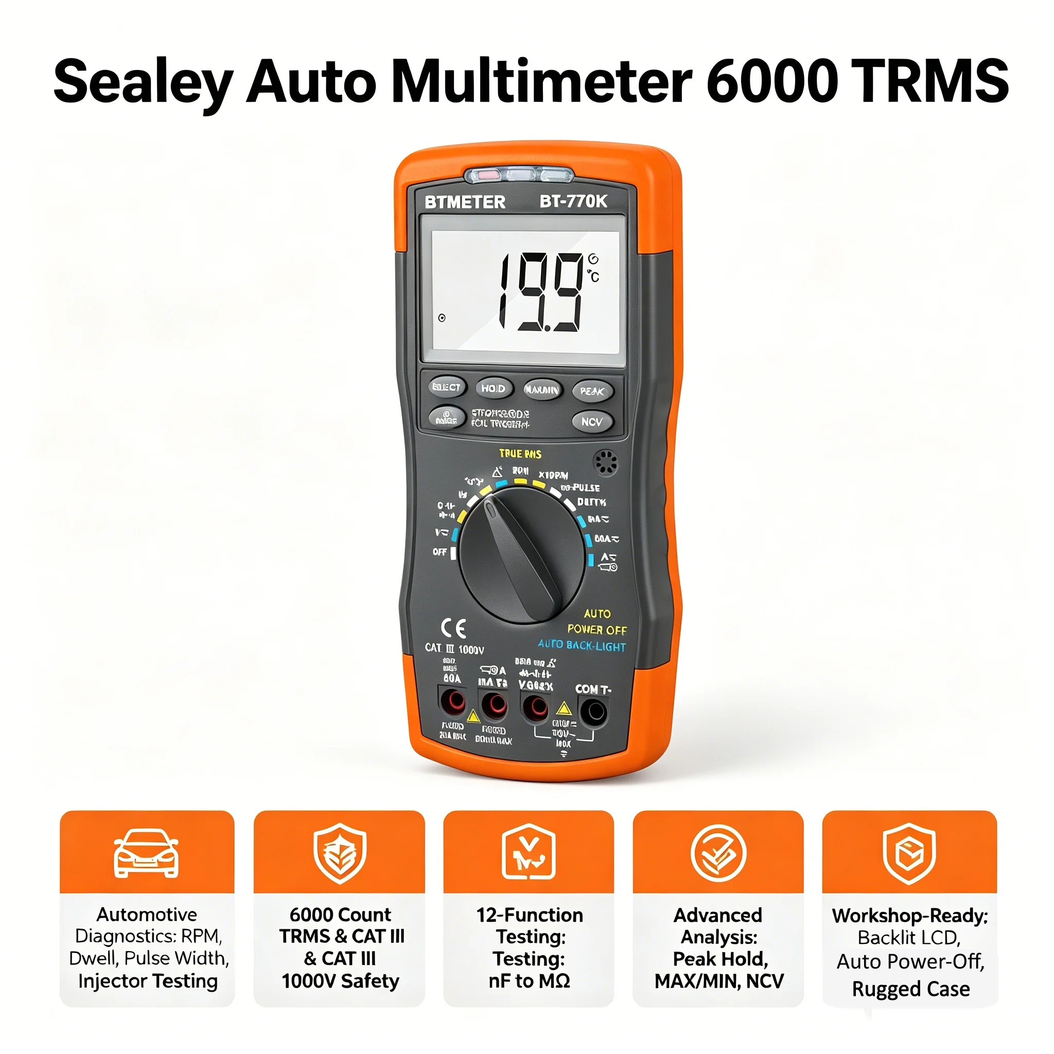 Sealey Auto Multimeter 6000 TRMS Dual Fuse 4-8Cyl Dwell RPM Injector Pulse NCV CATIII1000V CE Class2 Insul Auto Ign Fuel Repair
Sealey Auto Multimeter 6000 TRMS Dual Fuse 4-8Cyl Dwell RPM Injector Pulse NCV CATIII1000V CE Class2 Insul Auto Ign Fuel Repair