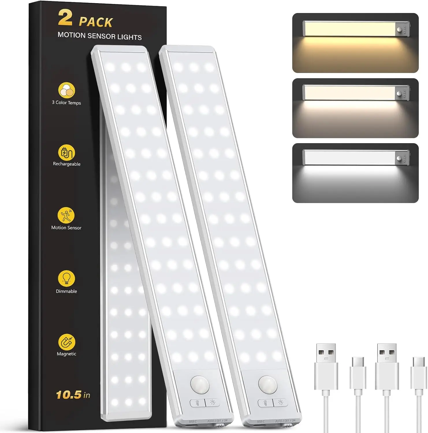 10.5" Under Cabinet Light, Wireless Motion Sensor Light, 3 Color Temps, Dimmable, Rechargeable, 2 Pack
10.5" Under Cabinet Light, Wireless Motion Sensor Light, 3 Color Temps, Dimmable, Rechargeable, 2 Pack
