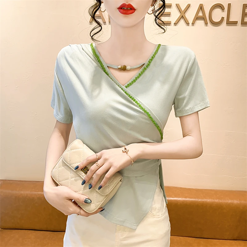 2025 Fashion Women's T-shirt For Summer Short Sleeve Pulovers Clothes Casual Diamonds Sexy V Neck Slim Cotton Tops Tee
2025 Fashion Women's T-shirt For Summer Short Sleeve Pulovers Clothes Casual Diamonds Sexy V Neck Slim Cotton Tops Tee