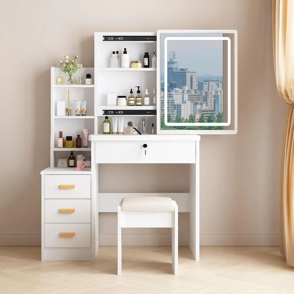 Vanity Desk with Mirror and Lights, 3 Lighting Modes, European Style Dressing Table with Drawers, with Open Storage Shelves
Vanity Desk with Mirror and Lights, 3 Lighting Modes, European Style Dressing Table with Drawers, with Open Storage Shelves