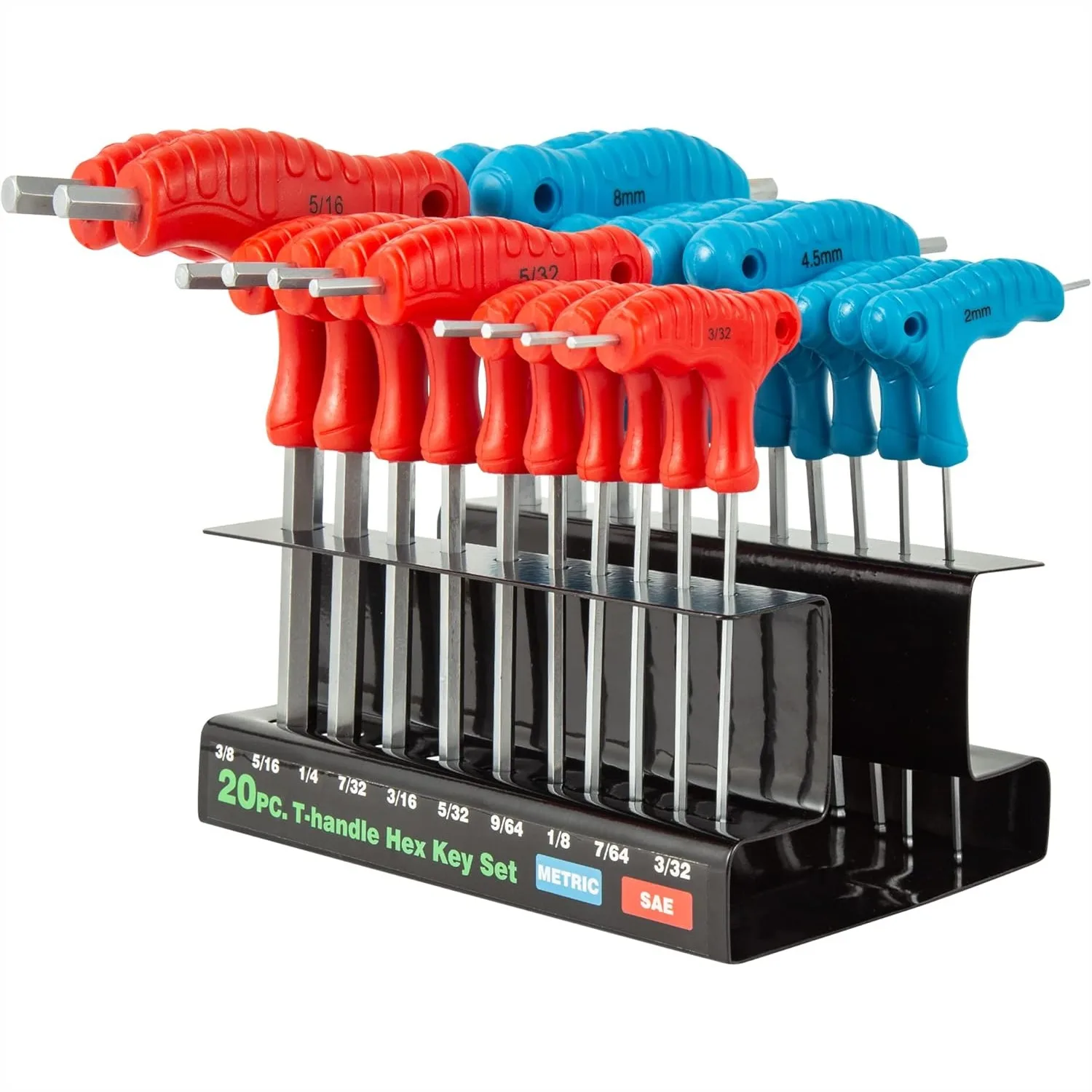 20-Piece T-Handle Allen Hex Key Wrench Set with Ball-End Long Arm, Metric & SAE, 2mm-10mm & 3/32"-3/8"
20-Piece T-Handle Allen Hex Key Wrench Set with Ball-End Long Arm, Metric & SAE, 2mm-10mm & 3/32"-3/8"