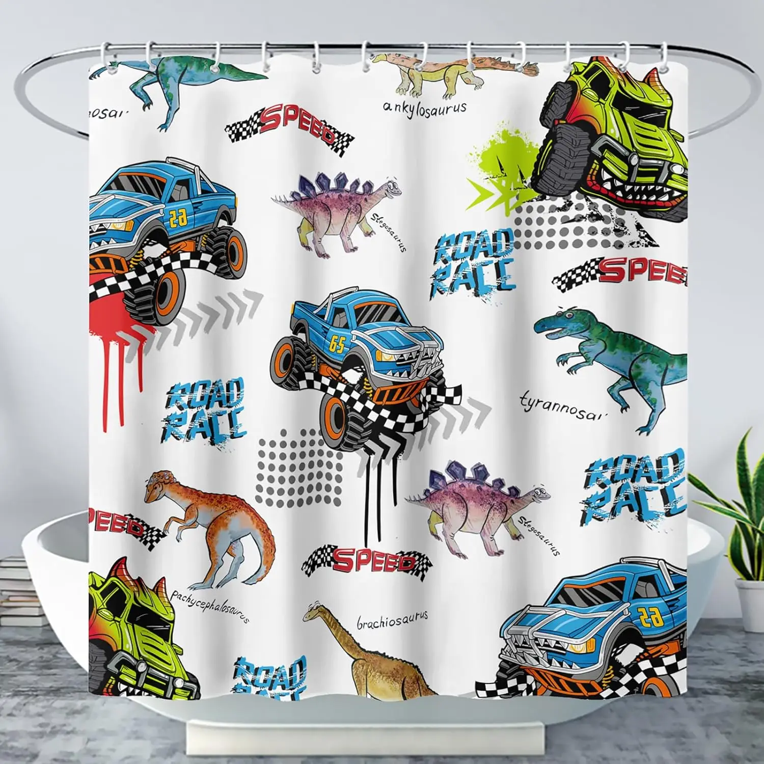 Boys' Dinosaur & Monster Truck Shower Curtain, Speed Racing Cars with Dinosaurs Print Waterproof Fabric Bath Curtain with Hooks
Boys' Dinosaur & Monster Truck Shower Curtain, Speed Racing Cars with Dinosaurs Print Waterproof Fabric Bath Curtain with Hooks