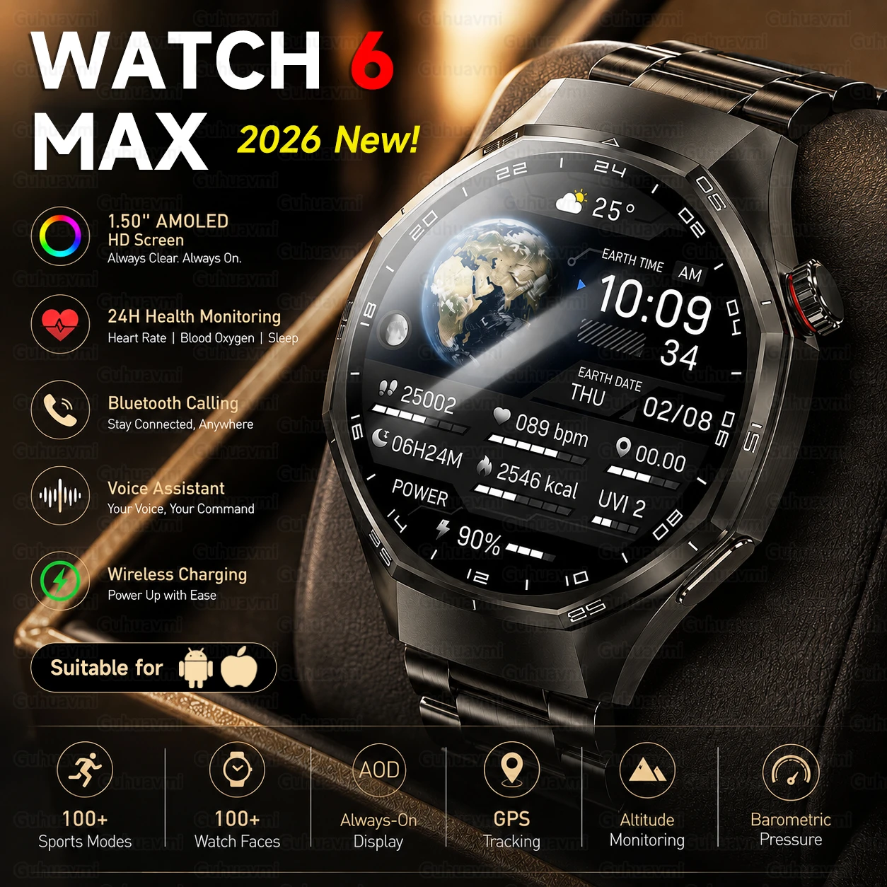 Original Watch 6 Max Smartwatch 1.5'' AMOLED Screen 100+Sports Modes GPS Tracker Heart Rate 5ATM Waterproof Men Business Watches
Original Watch 6 Max Smartwatch 1.5'' AMOLED Screen 100+Sports Modes GPS Tracker Heart Rate 5ATM Waterproof Men Business Watches
